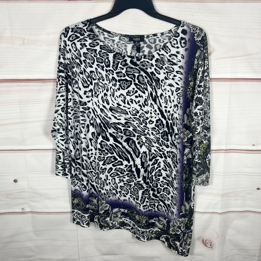 Alfani Top Womens 1X Black Leopard Print Tunic Blouse Asymmetrical Hem Embellish